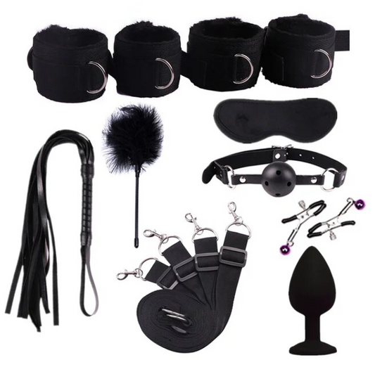 9-Piece Bondage Kit with Bed Straps, Blindfold, Clamps and Tickler