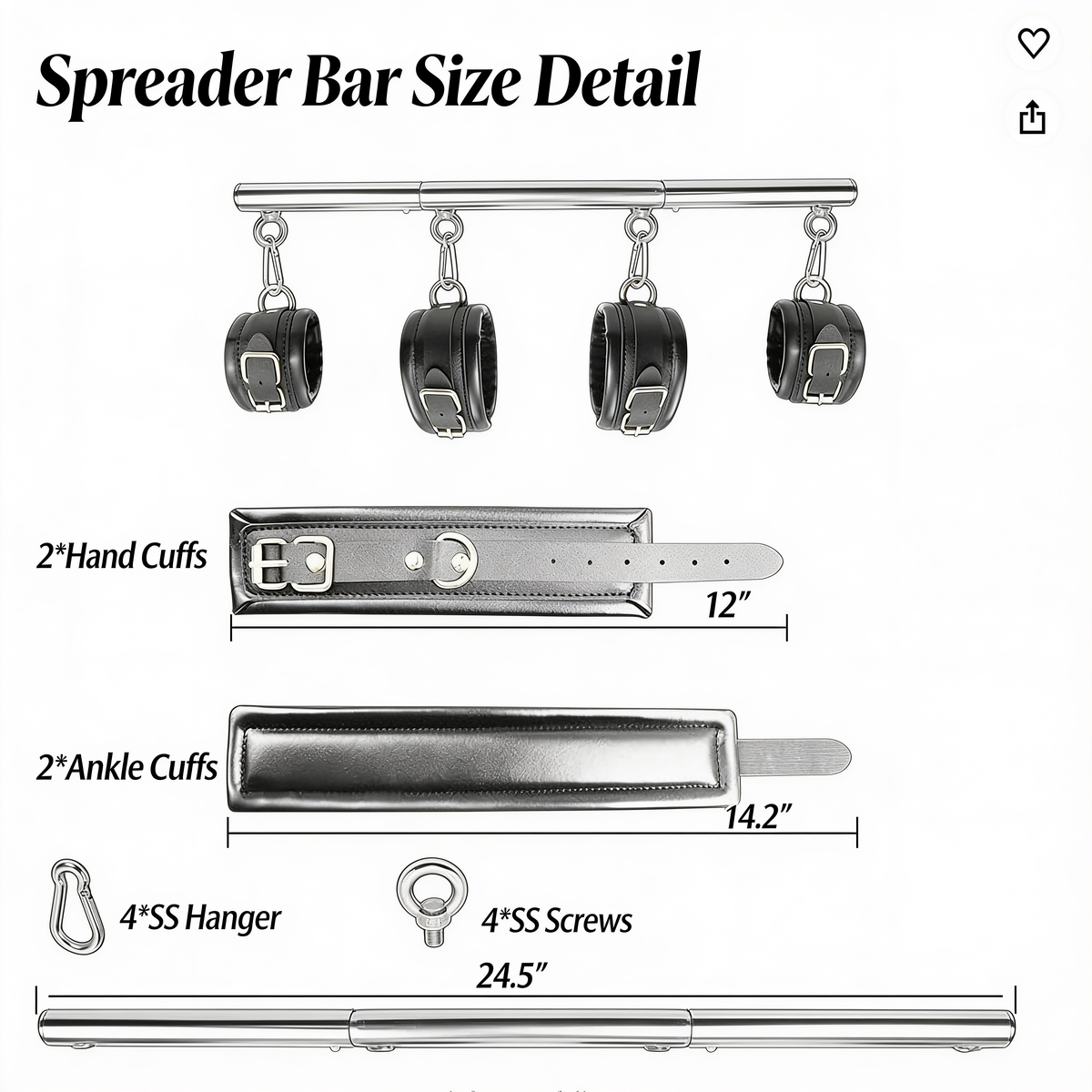 Extendable Spreader Bar with Locking Cuffs and Removable Wrist and Ankle Cuffs