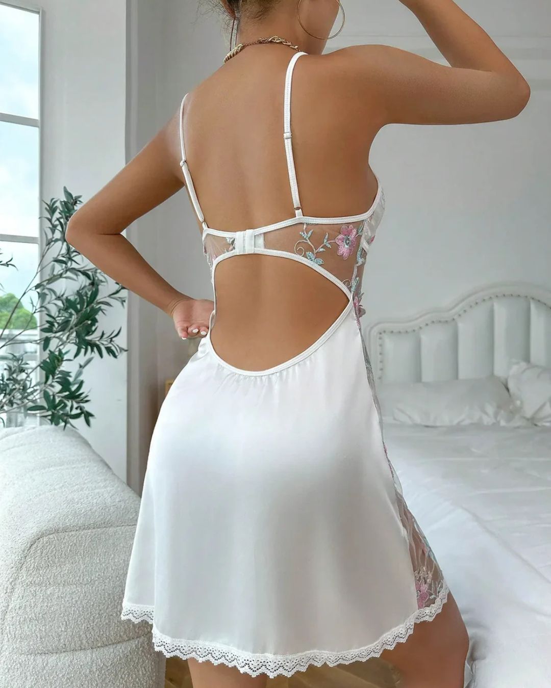 Floral Embroidered Nightdress with Sheer Mesh Side Panel