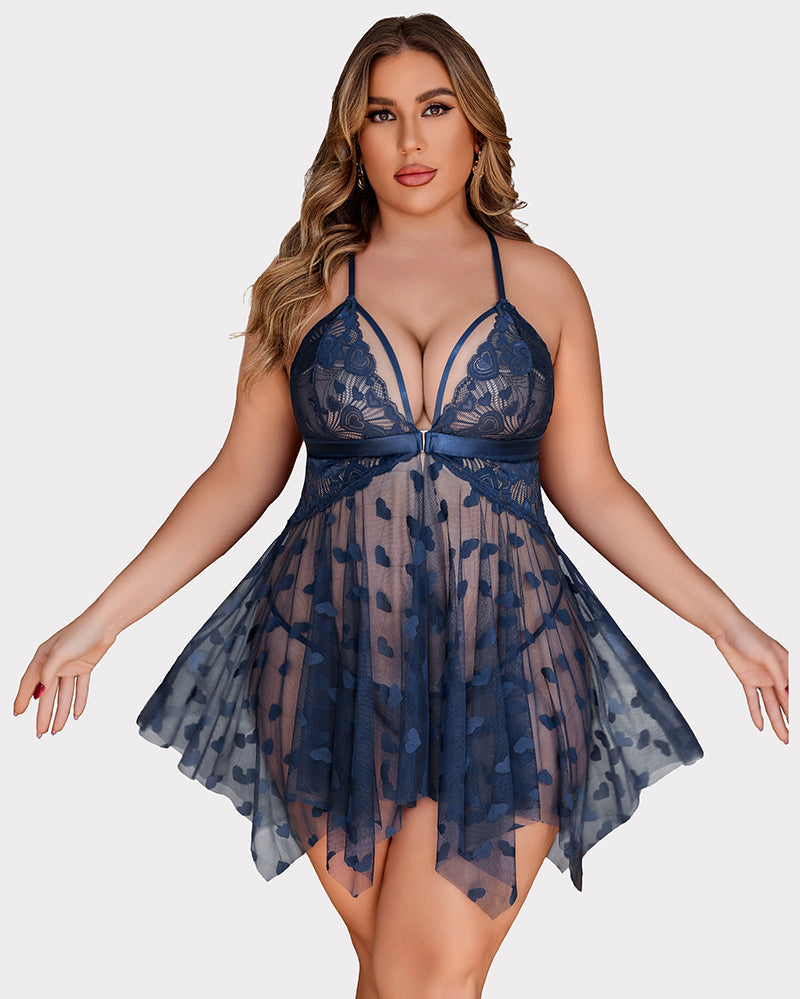 Plus Size Lace Babydoll with Rhinestone Straps and Asymmetrical Hem