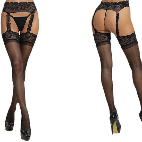 Thigh-High Stockings with Mesh Garter Straps and Lace Trim