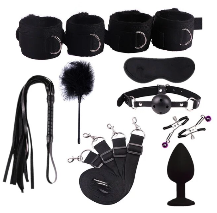 9-Piece Bondage Kit with Bed Straps, Blindfold, Clamps and Tickler