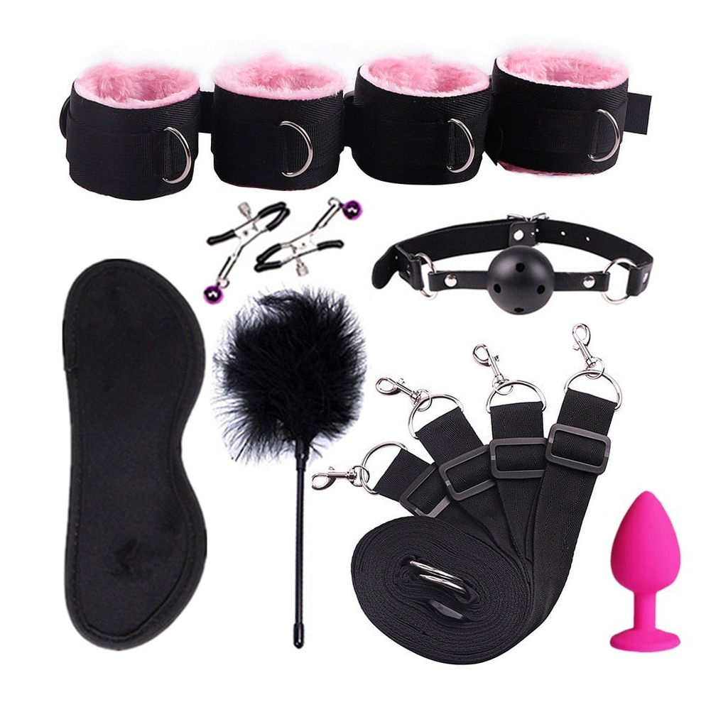 9-Piece Bondage Kit with Bed Straps, Blindfold, Clamps and Tickler