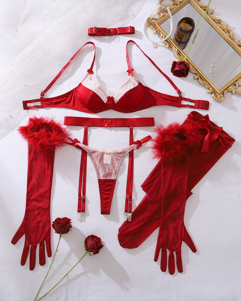 Bow Bra and Panty Set with Gloves and Stockings
