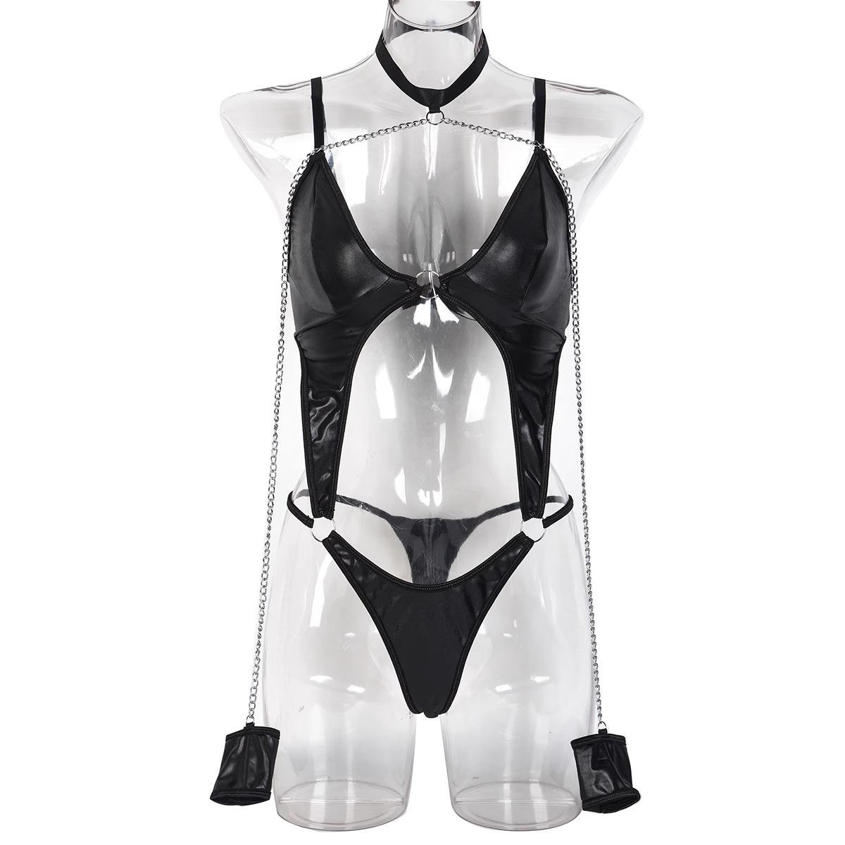 Chain and Faux Leather Fringe Bodysuit with Garter Straps