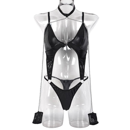 Chain and Faux Leather Fringe Bodysuit with Garter Straps