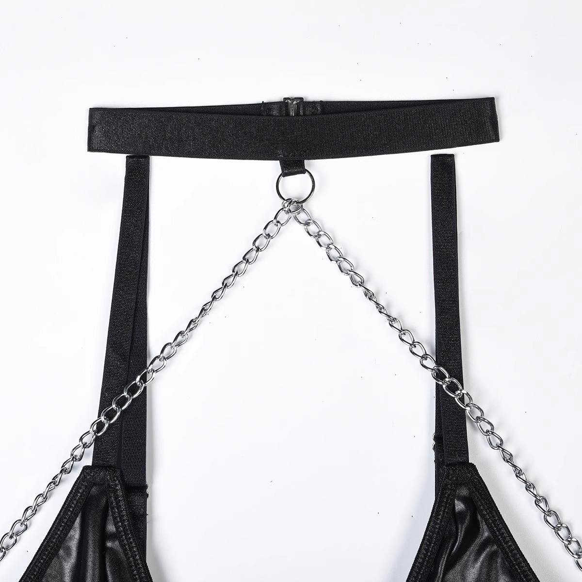 Chain and Faux Leather Fringe Bodysuit with Garter Straps