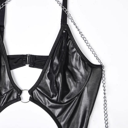 Chain and Faux Leather Fringe Bodysuit with Garter Straps