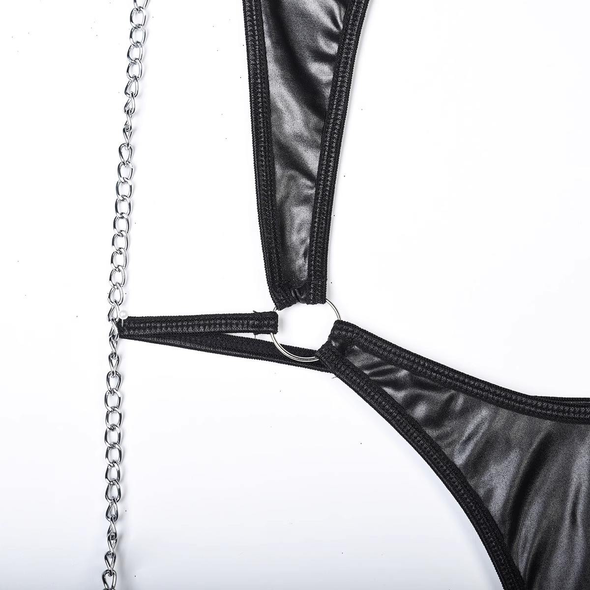 Chain and Faux Leather Fringe Bodysuit with Garter Straps