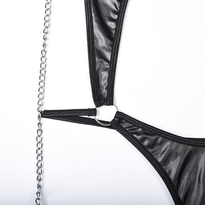 Chain and Faux Leather Fringe Bodysuit with Garter Straps