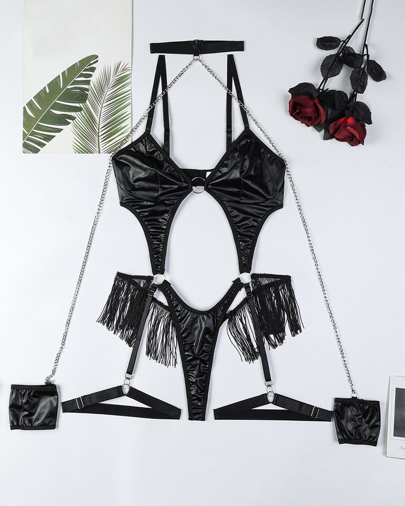 Chain and Faux Leather Fringe Bodysuit with Garter Straps