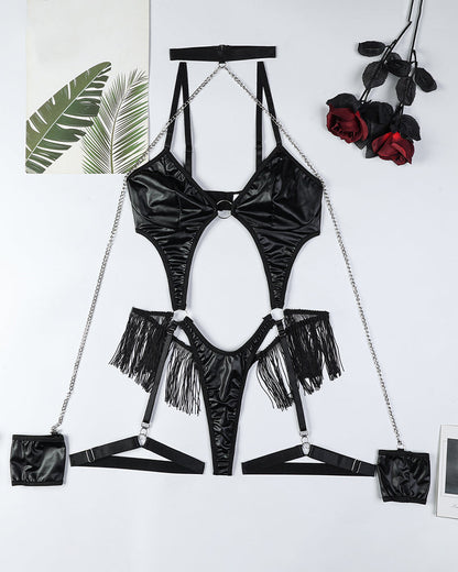 Chain and Faux Leather Fringe Bodysuit with Garter Straps