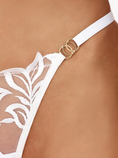 Embroidered Mesh Thong with Gold Double-Ring Detail