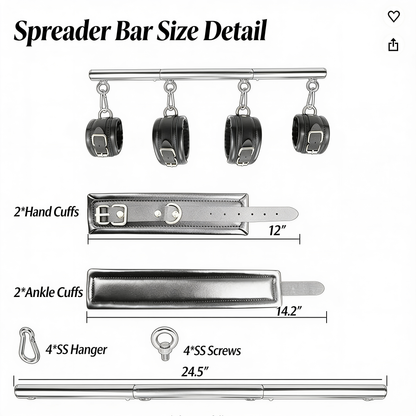 Extendable Spreader Bar with Locking Cuffs and Removable Wrist and Ankle Cuffs