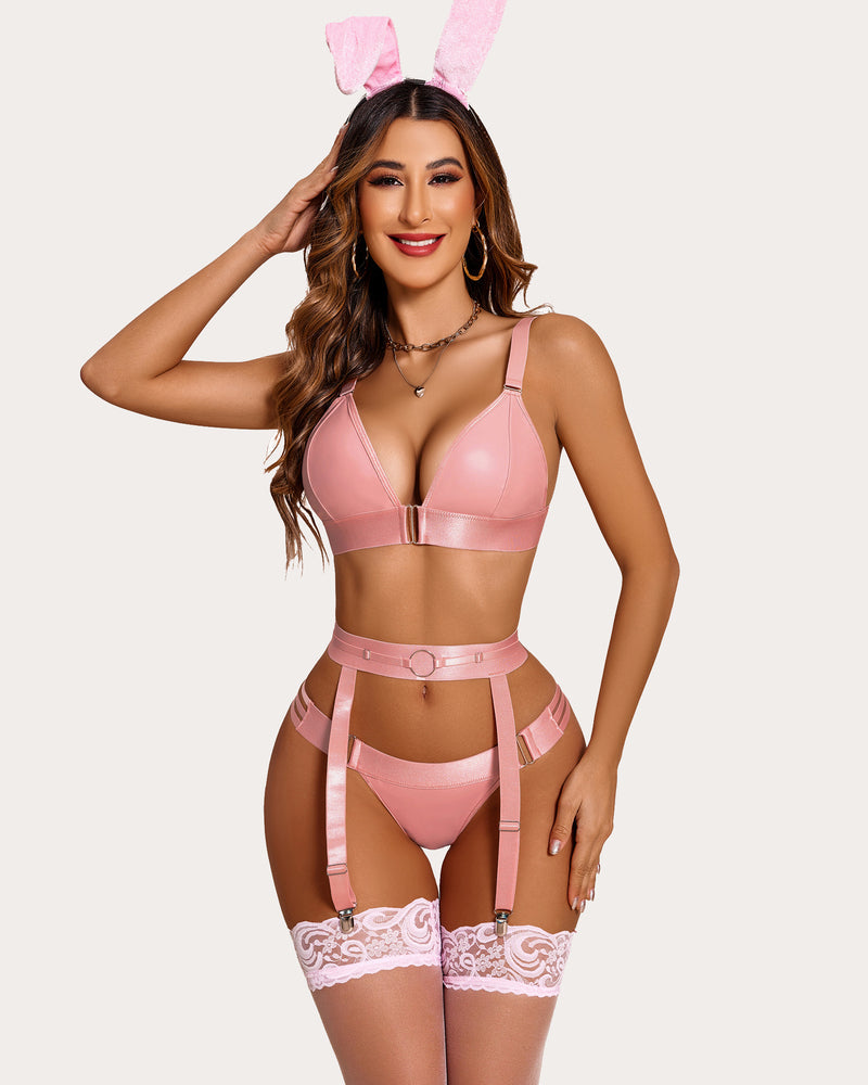 Faux Leather 5-Piece Garter Lingerie Set with Bralette and Thong