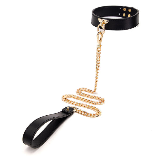 Faux Leather Collar and Chain Leash with Gold-Tone Hardware