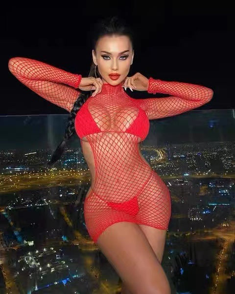 Fishnet Mini Dress with Long Sleeves and High Neck