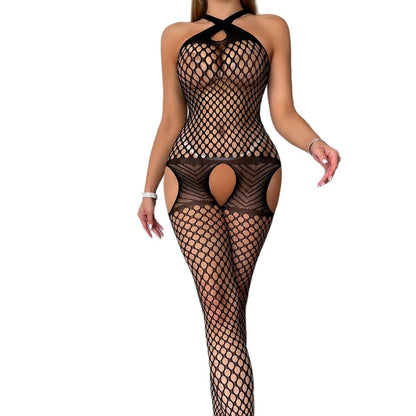 Jacquard Fishnet Halter Dress with Cutout Neckline