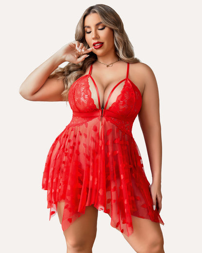 Plus Size Lace Babydoll with Rhinestone Straps and Asymmetrical Hem