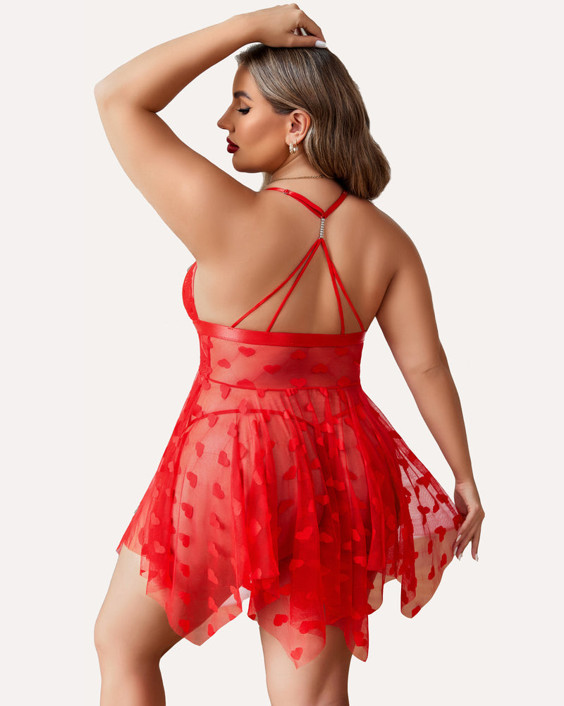 Plus Size Lace Babydoll with Rhinestone Straps and Asymmetrical Hem