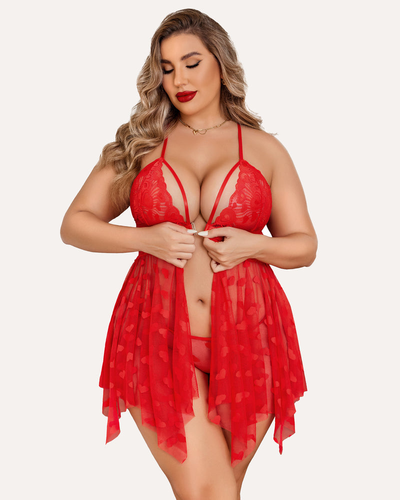 Plus Size Lace Babydoll with Rhinestone Straps and Asymmetrical Hem