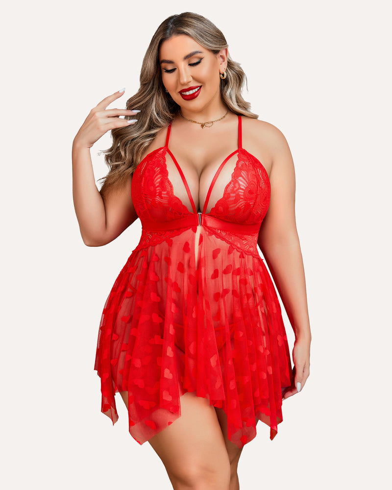 Plus Size Lace Babydoll with Rhinestone Straps and Asymmetrical Hem
