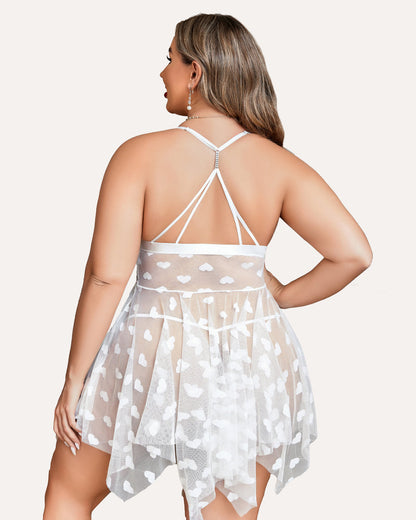 Plus Size Lace Babydoll with Rhinestone Straps and Asymmetrical Hem