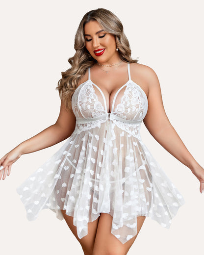 Plus Size Lace Babydoll with Rhinestone Straps and Asymmetrical Hem