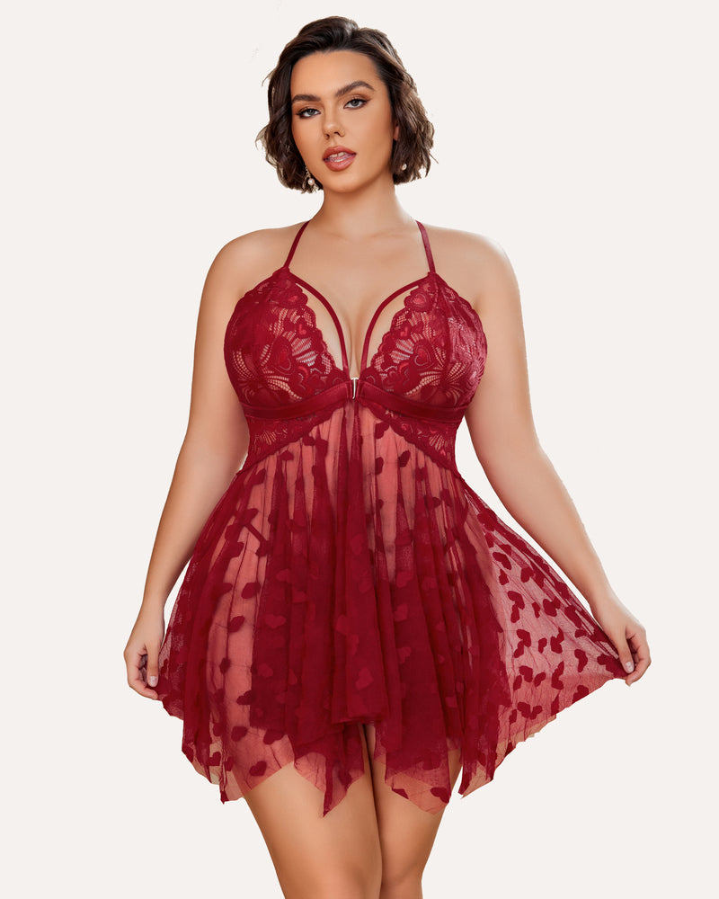 Plus Size Lace Babydoll with Rhinestone Straps and Asymmetrical Hem
