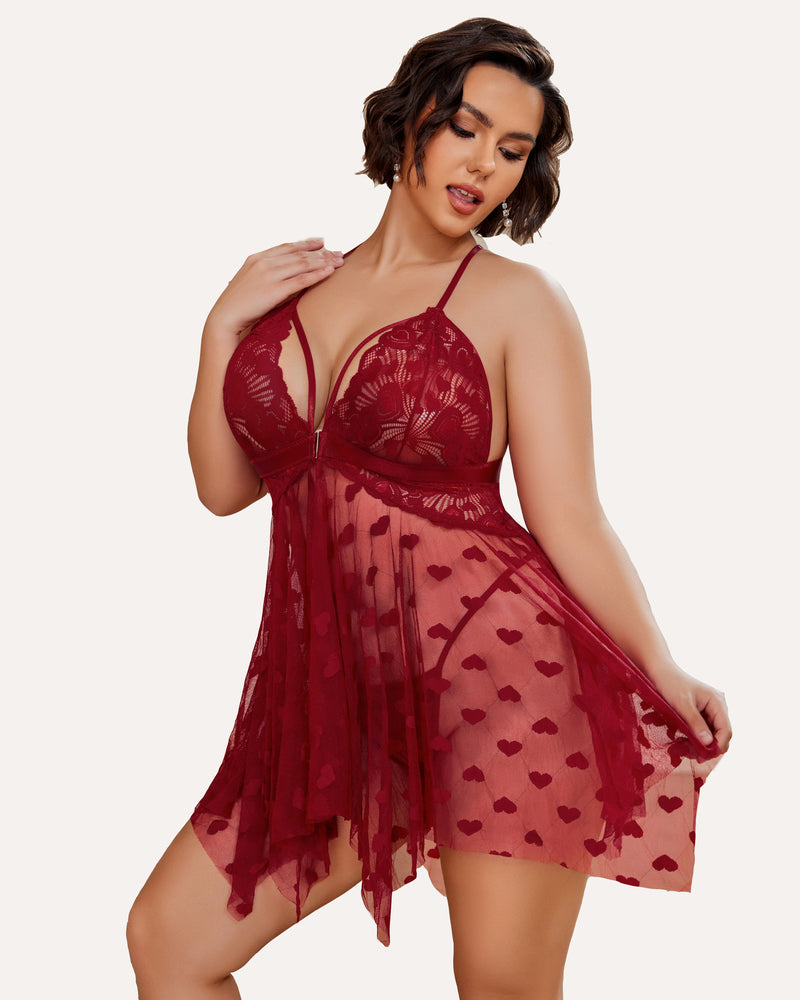 Plus Size Lace Babydoll with Rhinestone Straps and Asymmetrical Hem