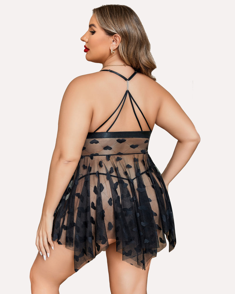 Plus Size Lace Babydoll with Rhinestone Straps and Asymmetrical Hem