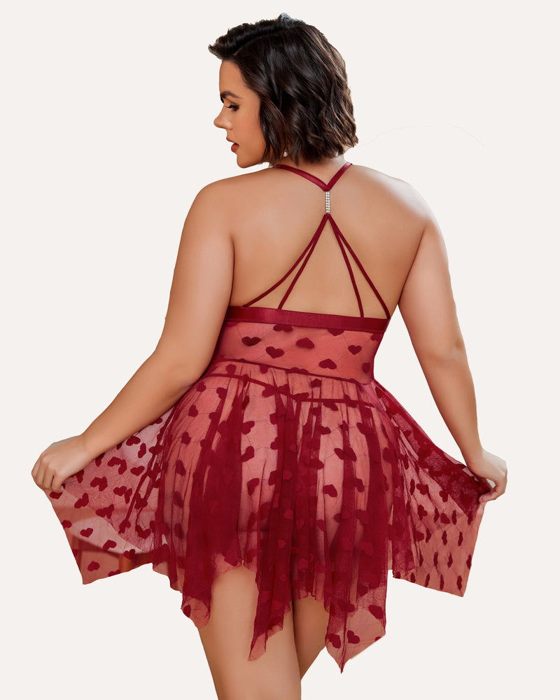 Plus Size Lace Babydoll with Rhinestone Straps and Asymmetrical Hem
