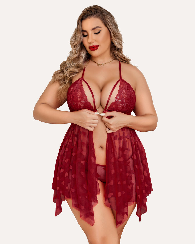 Plus Size Lace Babydoll with Rhinestone Straps and Asymmetrical Hem