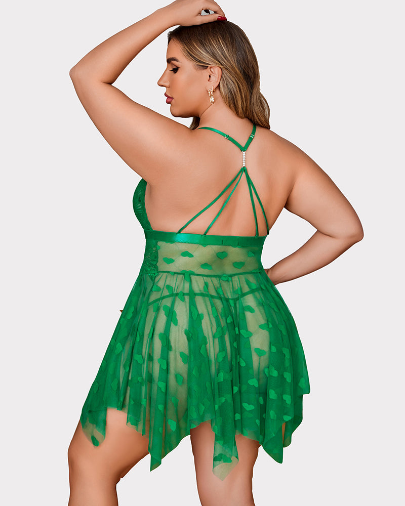 Plus Size Lace Babydoll with Rhinestone Straps and Asymmetrical Hem