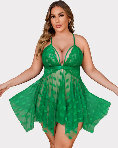 Plus Size Lace Babydoll with Rhinestone Straps and Asymmetrical Hem