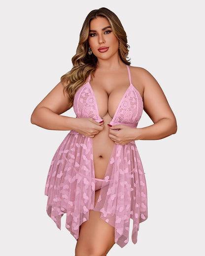 Plus Size Lace Babydoll with Rhinestone Straps and Asymmetrical Hem
