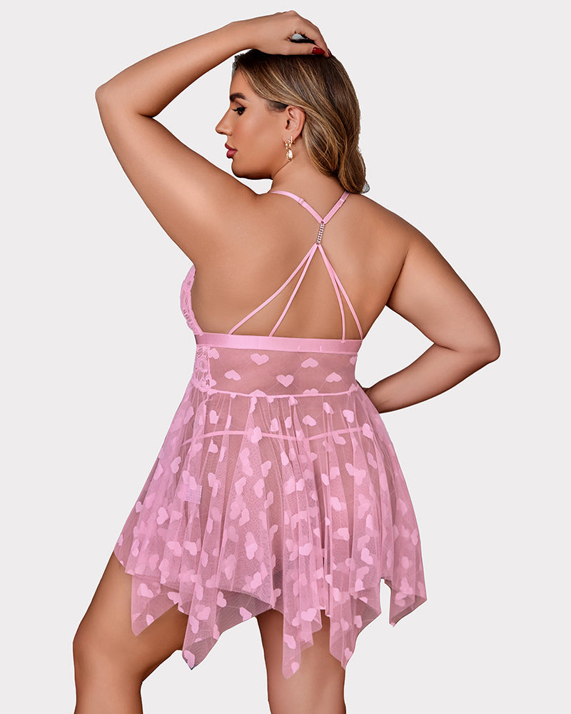 Plus Size Lace Babydoll with Rhinestone Straps and Asymmetrical Hem