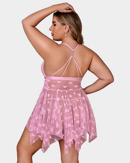 Plus Size Lace Babydoll with Rhinestone Straps and Asymmetrical Hem