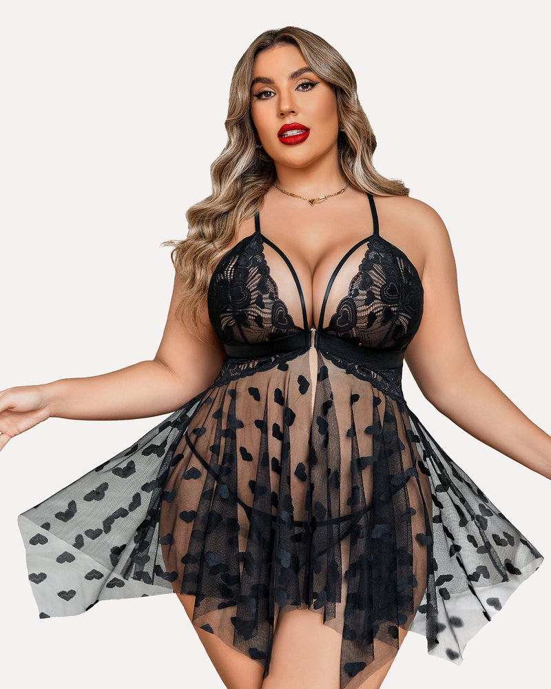 Plus Size Lace Babydoll with Rhinestone Straps and Asymmetrical Hem
