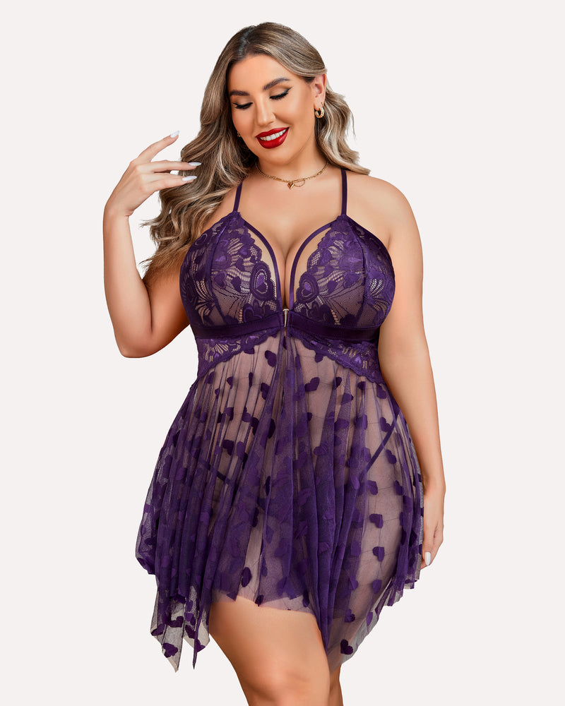 Plus Size Lace Babydoll with Rhinestone Straps and Asymmetrical Hem