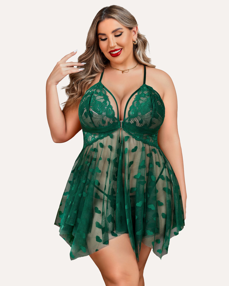 Plus Size Lace Babydoll with Rhinestone Straps and Asymmetrical Hem
