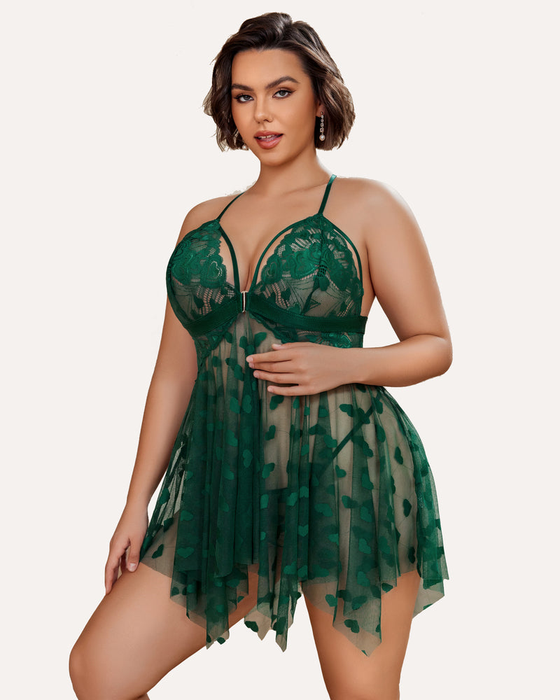 Plus Size Lace Babydoll with Rhinestone Straps and Asymmetrical Hem