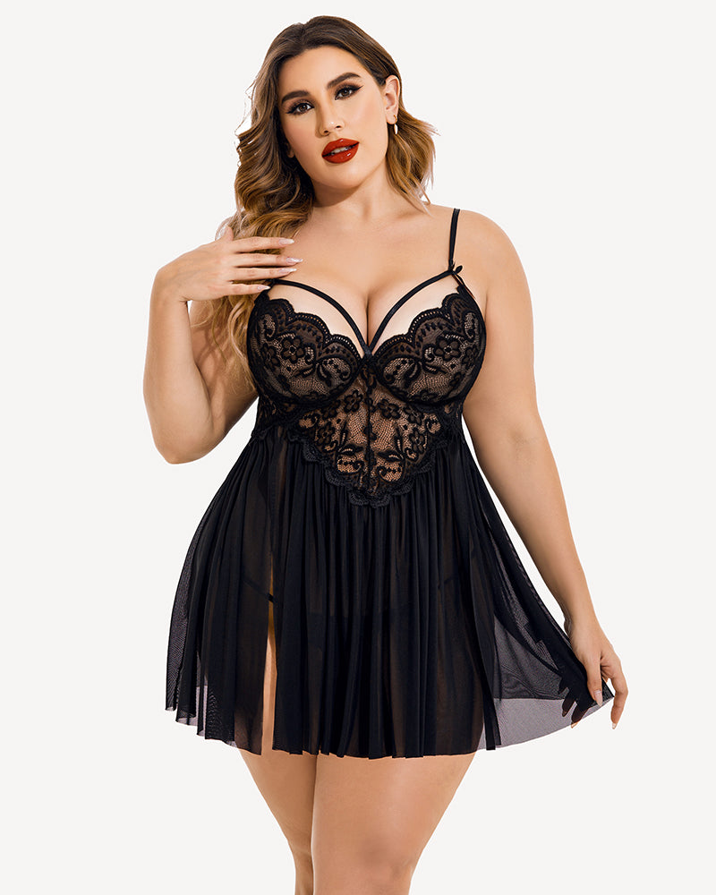 Plus Size Lace Babydoll with V-Neck and Side Slit
