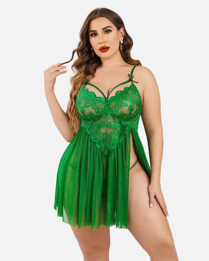 Plus Size Lace Babydoll with V-Neck and Side Slit