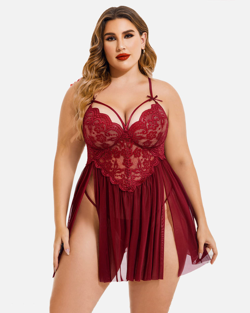 Plus Size Lace Babydoll with V-Neck and Side Slit