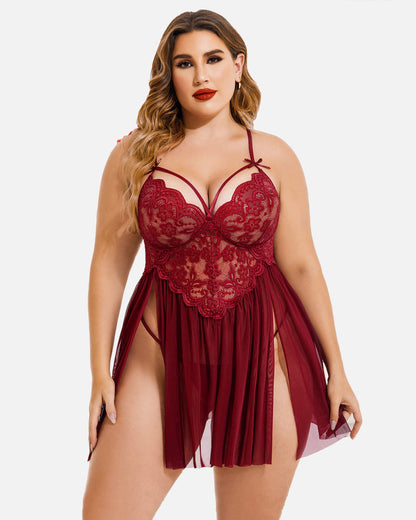 Plus Size Lace Babydoll with V-Neck and Side Slit