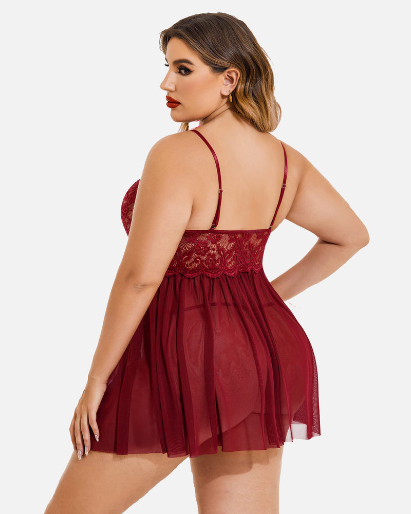 Plus Size Lace Babydoll with V-Neck and Side Slit