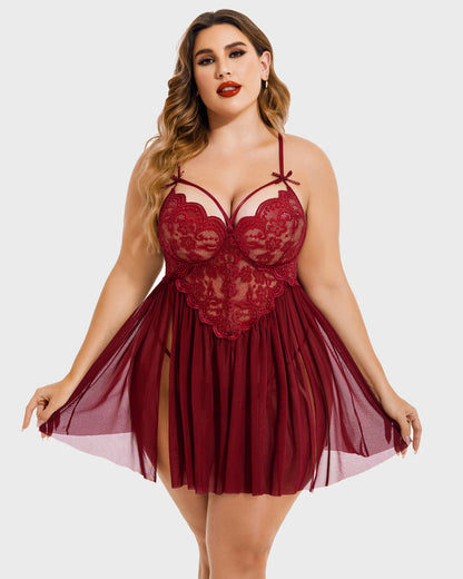 Plus Size Lace Babydoll with V-Neck and Side Slit