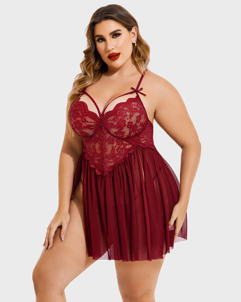 Plus Size Lace Babydoll with V-Neck and Side Slit