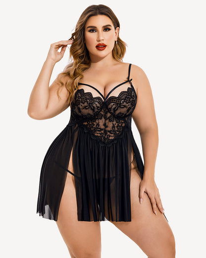 Plus Size Lace Babydoll with V-Neck and Side Slit